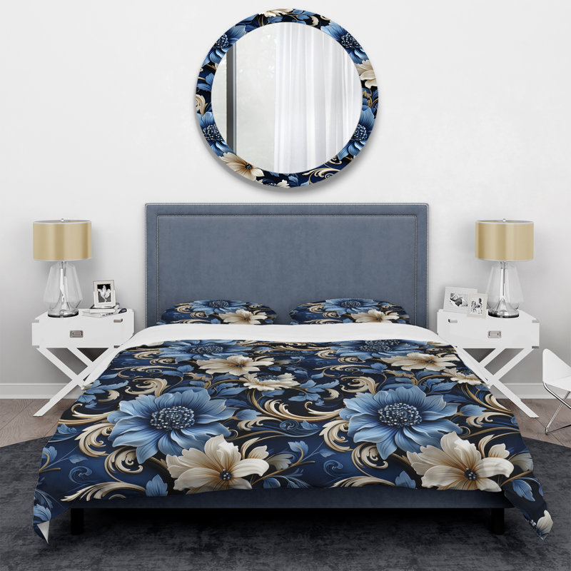Ensemble de housse de couette Cobalt Blue Baroque Scrolls Victorian, Housse de couette pour très grand lit et 2 très