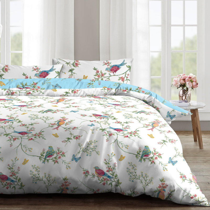 Rasheema Duvet Set, Super King - 3 Standard Pillowcases, Duck Egg/White, Delicate Birds Floral