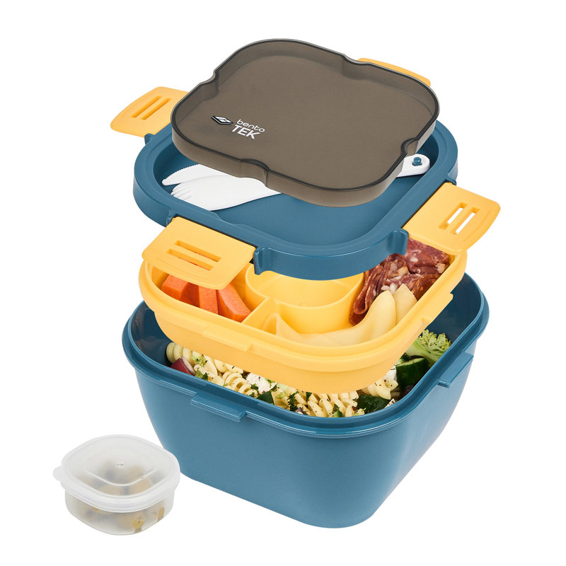 Boîte à bento 57,5 onces, 1 contenant réutilisable pour le déjeuner - avec fourchette et couteau, ne contient pas de BPA, boîte à lunch réutilisable en plastique bleu et jaune, micro-ondes, lavable au lave-vaisselle