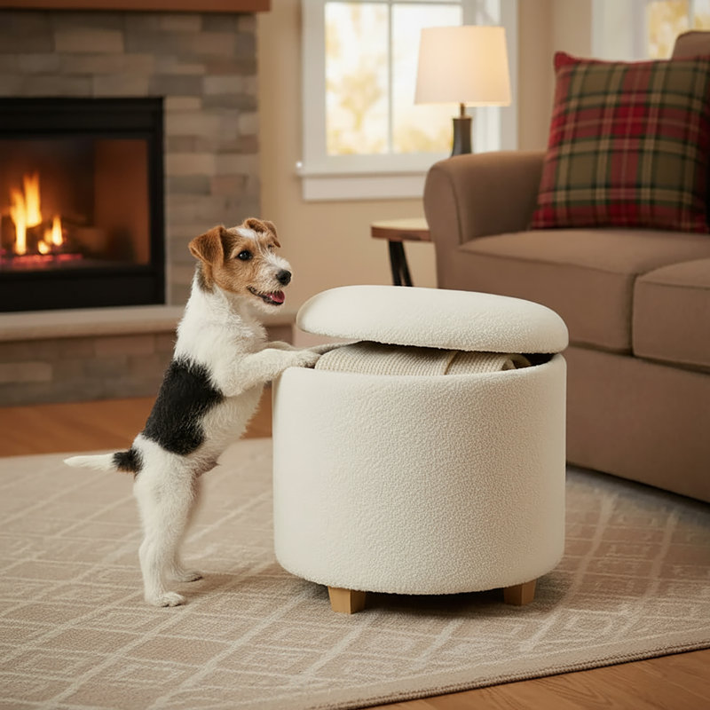 Premium Teddy Footstool | Boucle Storage Ottoman | Foot Stool Living Room | Round Pouffe Stool with Storage on Wooden Feet D45 H41 cm White