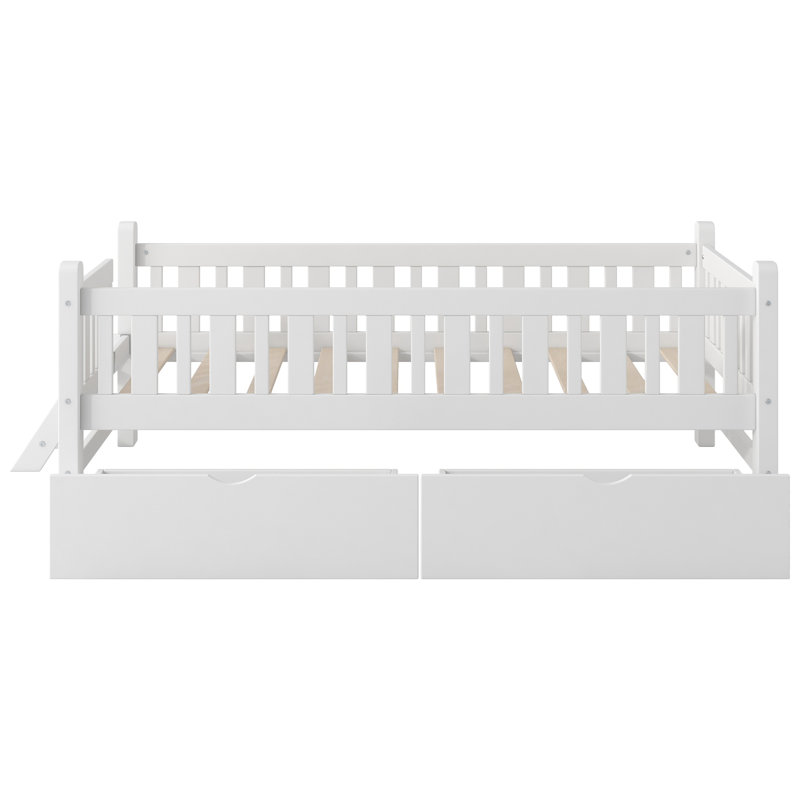 Structure de lit simple en bois avec garde-corps et 2 tiroirs de rangement, blanc, Blanc