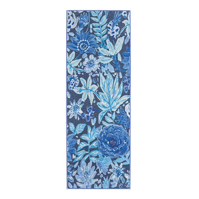 Tapis bleu lavable à motif floral My Magic Carpet - 3 pi x 5 pi, Rectangle 7 pi x 2 pi 6 po