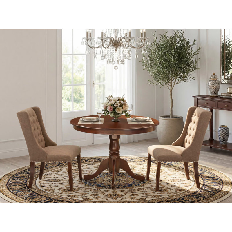 3 Piece Dining Room Furniture Set Contains a Round Dining Table with Pedestal and 2 Light Sable Linen Fabric Parsons Chairs, Mahogany