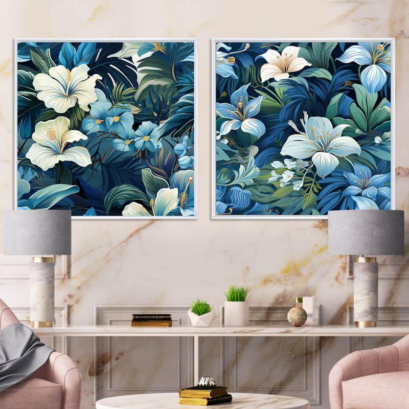 Orwin - Ensemble de 2 collages carrés floraux, H 36 po x l 73 po, Cadre flottant blanc