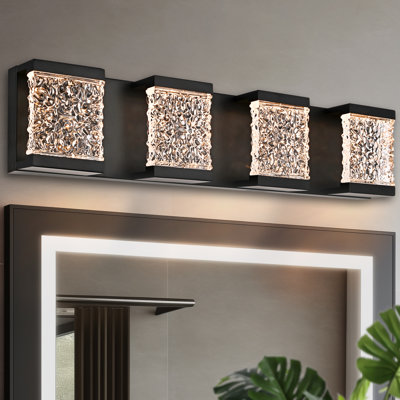 Modern LED Bathroom Vanity Light Fixtures, 4-Lights Black Wall Sconces For Bathroom Lighting Fuxture Over Mirror, LED Dimmable Crystal Vanity Lights, Hardwired Wall Lamp. (Integrated LED Bulbs Included)