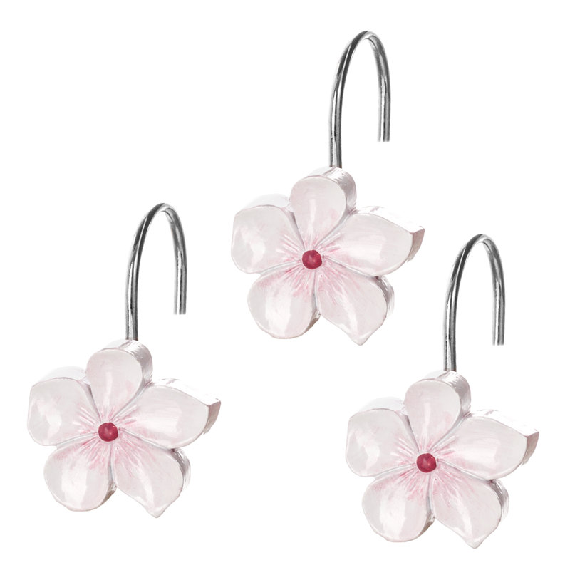 Vanda White and Pink Floral Resin Shower Curtain Hooks Set