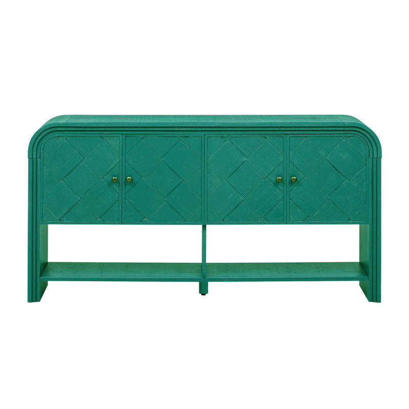 Oasis 60" Console Table With Buffet Cabinets, Curved Edge And Metal Handles, Green