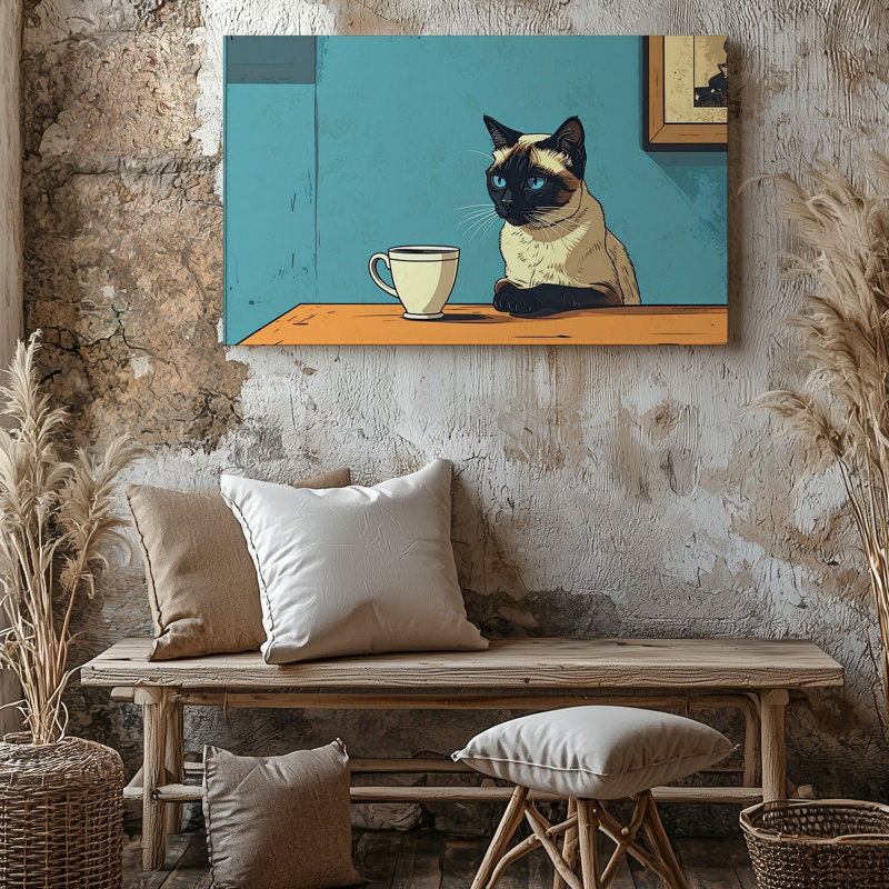 Art mural, chat siamois contemplatif avec tasse de thé aux couleurs vives lorsque la toile est prête à être accrochée