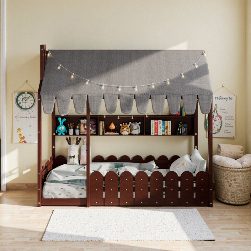 Enchanting Lit de jeu Montessori avec auvent lumineux et rangement - Taille simple (sans lattes incluses), Gris