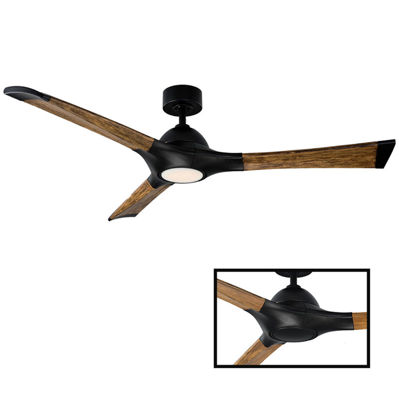 72" Woody 3 - Blade Outdoor Smart Propeller Ceiling Fan with Light Kit Included, 3000K, Matte Black/Distressed Koa, 60"
