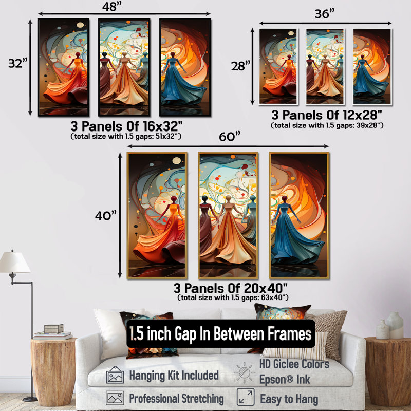 «Blue and Orange Ballet Women Grace - Ballet», art mural, Cadre flottant brun, H 32 po x l 48 po x P 1 po