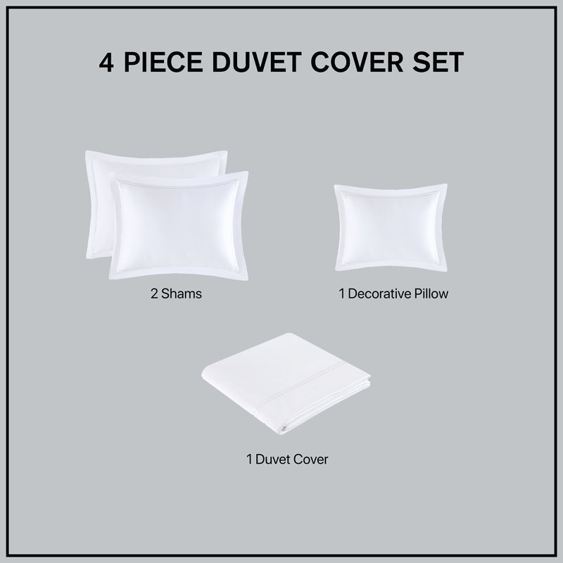 500 Thread Count Luxury Collection White 100% Cotton Sateen Embroidered 4-Piece King/Cal King Duvet Cover Set, King/Cal King
