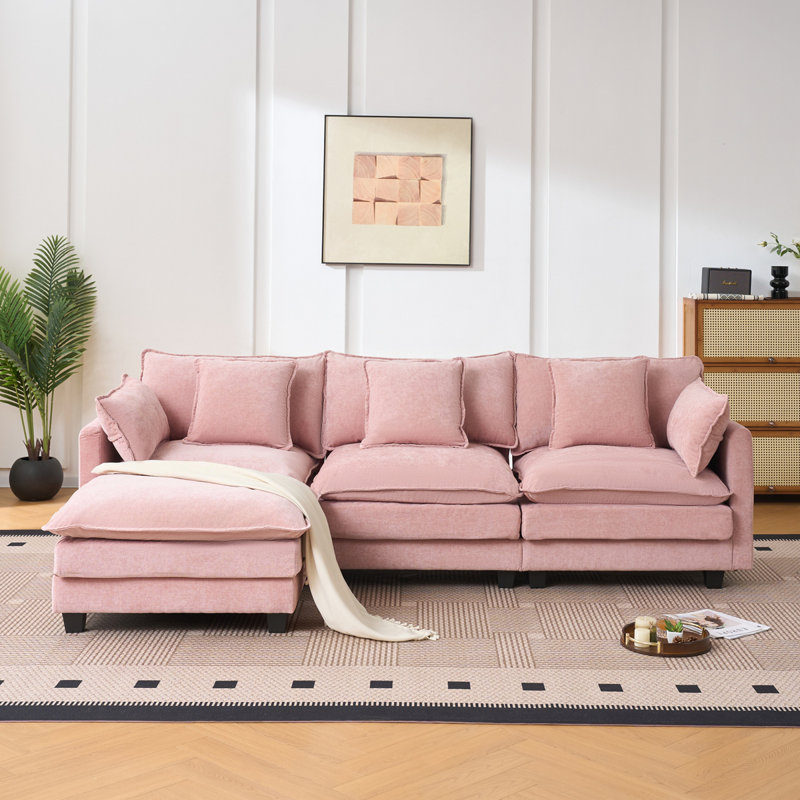 Pink Color  3-Seat Combo Sofa With Storage Ottoman For Living Room Apartment Bedroom And Compact Room, Upholstered Sectional Couch, L Shaped Bench With A Footrest