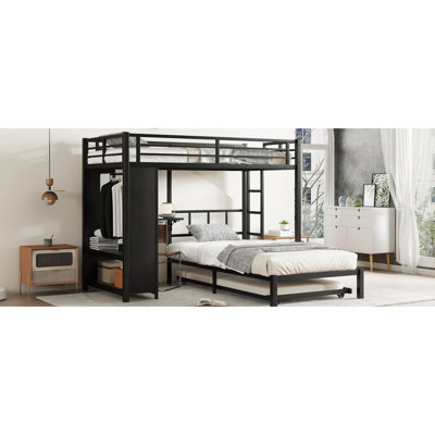 Lit simple superposé au-dessus de métal noir avec placard intégré, bureau sous le lit gigogne, garde-corps pliable et garde-corps pleine longueur pour économiser de l'espace grâce au rangement intégré