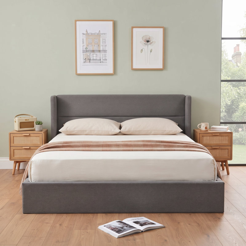 Structure de lit tapissier Annek avec rangement relevable, tête de lit à oreilles de H 40,9 po, lattes de bois et structure en métal, plusieurs tailles et options de tissu disponibles