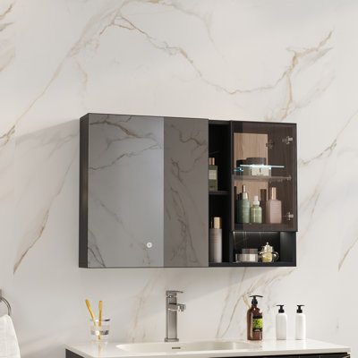 Recessed Or Surface Mount Aluminum Frameless Medicine Cabinet With Glass Door, Adjustable LED Light, Mirrored Door, And Fixed Shelves