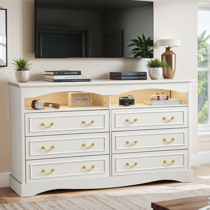 51.18"W Morden 6 Drawer Dresser Chest with Natural Texture, Wide Double Dresser With LED Light, Vintage Farmhouse Wood Closet Dresser Storage Organizer, French Country Chest of Drawers for Bedroom, Rustic TV Stand for Living Room, Gift