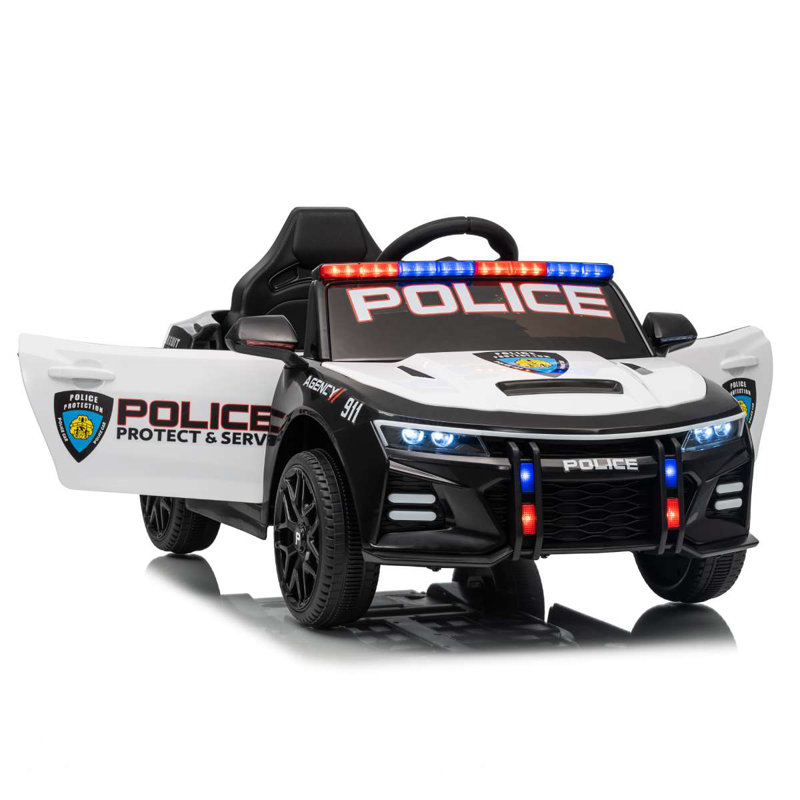 12V Ride On Police Car , 4.5AH Battery-Powered Electric Car For Kids, Remote Control, Bluetooth Music, Spring Suspension, LED Lights, 3 Speeds