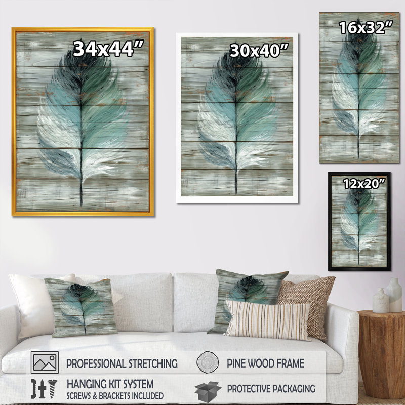 «Boho Wood Texture Feather», reproduction d'art sur toile encadrée vert Boho, Cadre photo unique, Noir, H 20 po x l 12 po