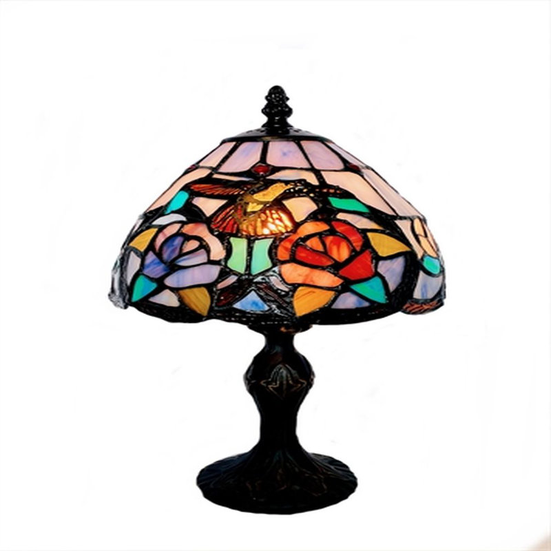 Lampe de table en verre coloré style colibri et fleurs Tiffany