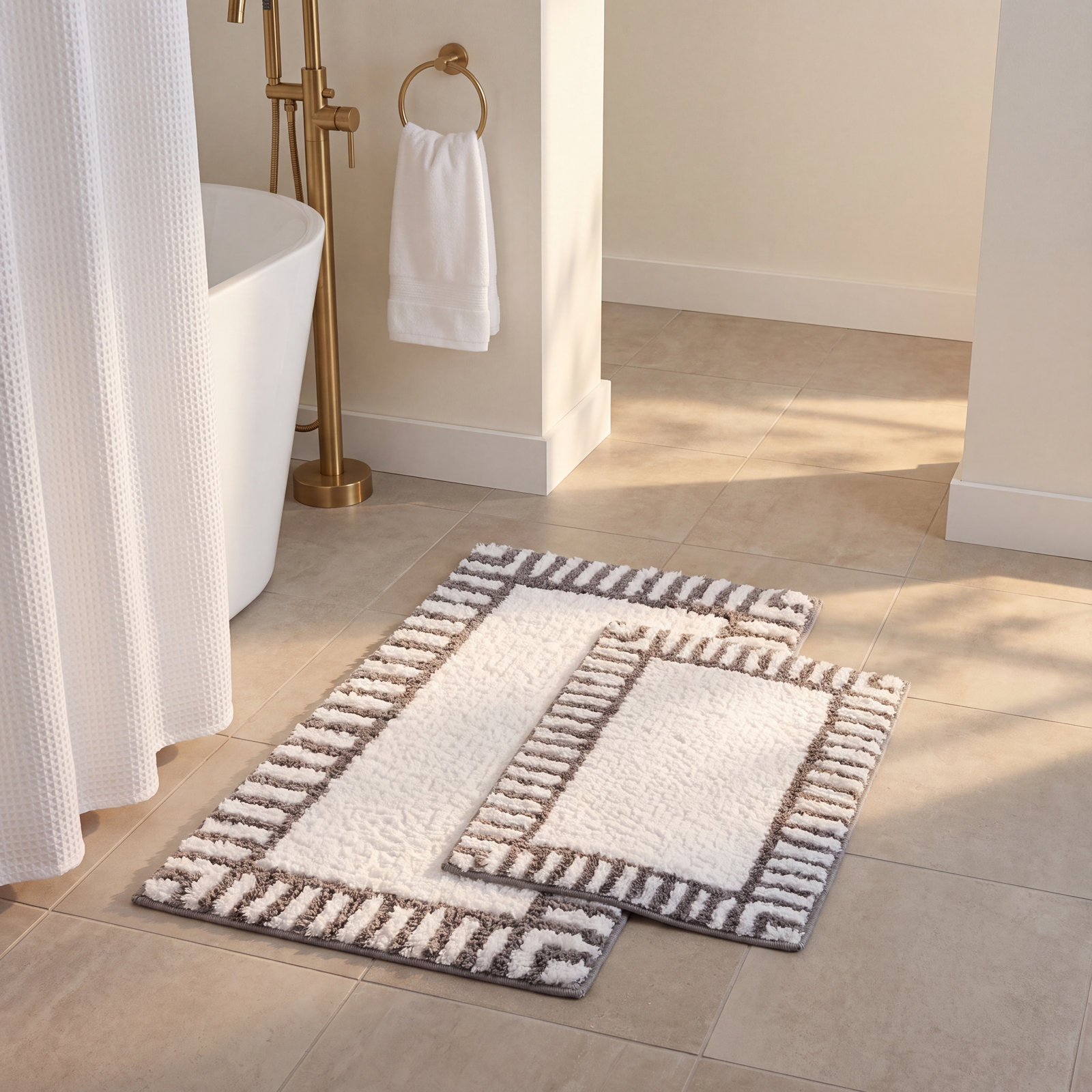 Bath Rug, White/Gray, LARGE- 2 Piece Set