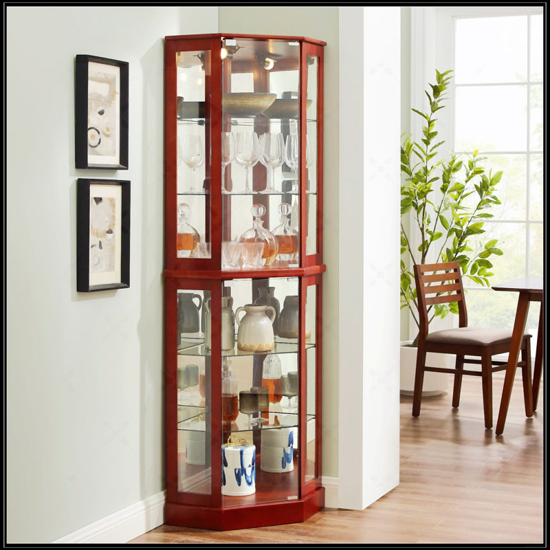 Vitrine de coin à 6 tablettes avec lumières, Cerisier