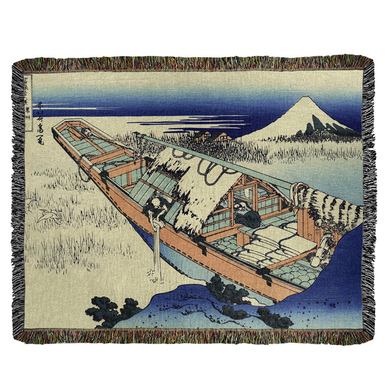 Katsushika Hokusai Hand Woven Throw Blanket, Blue/Tan