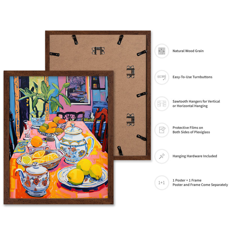 Fruits et théière, Poster, Brown Framed, 11"H x 14"W