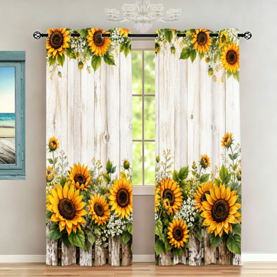 2Pcs Sunflower Print Blackout Curtains, Farmhouse Style Grommet Thermal & Noise Reducing Window Drapes for Living Room Bedroom Kitchen Home Office Decor, Rustic Vintage Home Decor