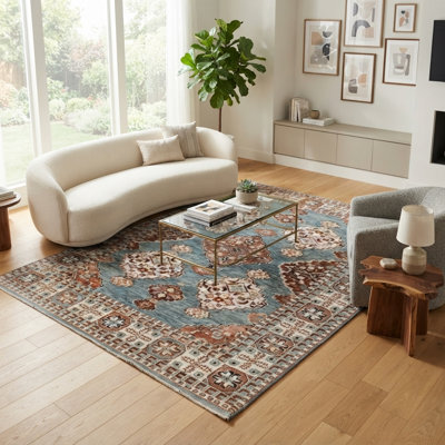 Tapis en laine turquoise et ivoire, fait main, style géométrique du sud-ouest | Tapis de style transitionnel pour salon et chambre (183 x 274 cm)