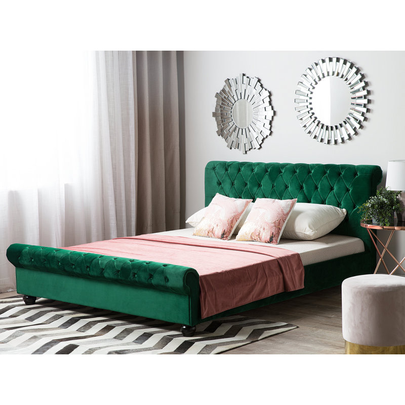 Mitzi Upholstered Velvet Sleigh Bed, European Kingsize (160 x 200cm), Emerald green