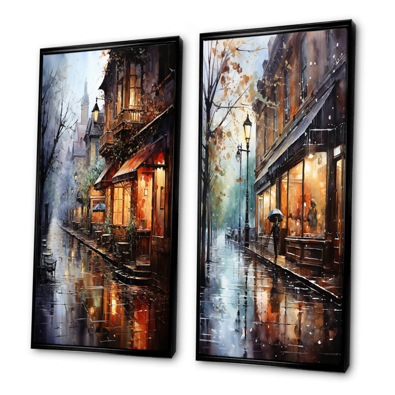1950's Street In Paris Impression - Stores & Boutiques, ensemble de 2 toiles d'art mural, H 40 po x l 41 po, Cadre noir