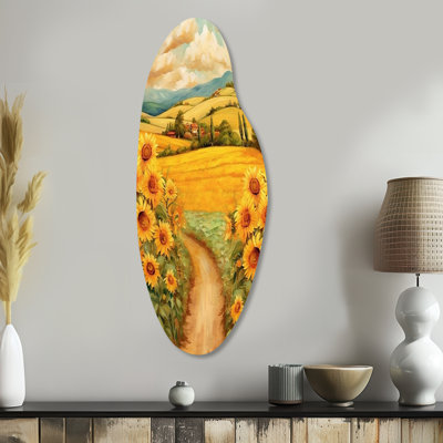 «Golden Cheerful Sunflowers II», art mural asymétrique floral en métal