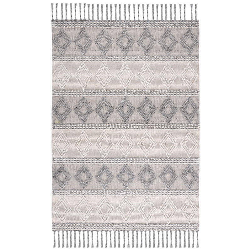 Tapis gris / ivoire en laine et coton tissé à la main Burnstad, Rectangulaire 3 pi x 5 pi