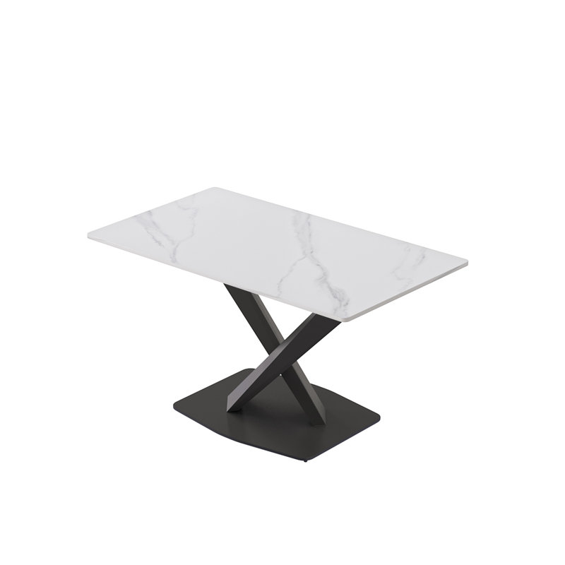 Table de salle à manger 55,12 po Pierre blanche moderne à rebord droit en métal noir pour 6 personnes, Blanc