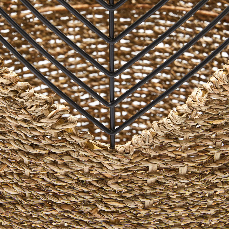 Set of 3 Round Seagrass and Black Metal Storage Baskets
