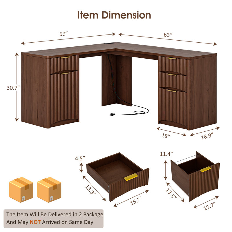63'' Fluted L Shaped Desk with Drawers, Corner Computer Desk with Storage, Modern Executive Home Office Desk with File Cabinet and Charging Station, Walnut