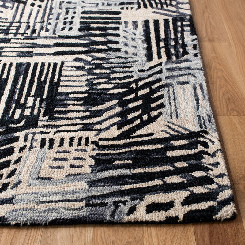 Tapis abstrait en laine / coton touffeté à la main en noir / noir Nouran Drive, Rectangle 8 pi x 10 pi