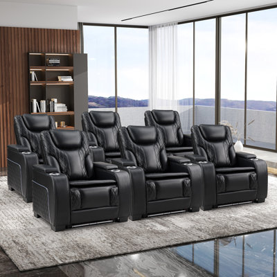 Fauteuil inclinable de 37 po de style cinéma en similicuir avec éclairage à DEL, porte-gobelets et appui-tête réglable (ensemble de 6)