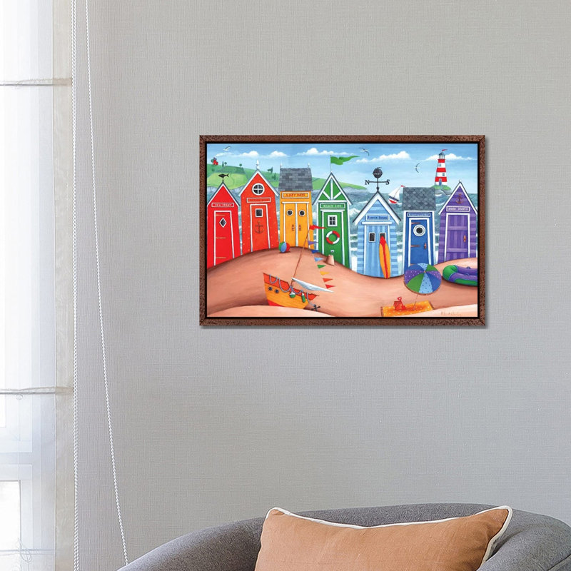 Beach Hut Rainbow Scene by Peter Adderley - Painting on Canvas, Classic Brown Wood Framed, 45.72cm H x 66.04cm W x 3.81cm D