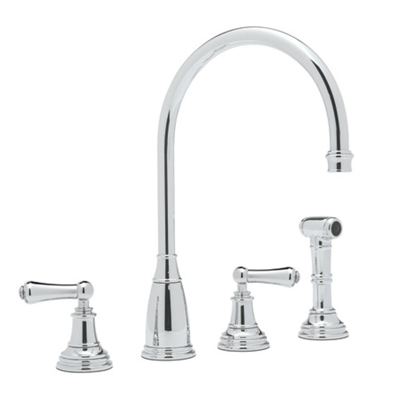 Georgian Era Double Handle Kitchen Faucet With Accessories, Polished Chrome, Level