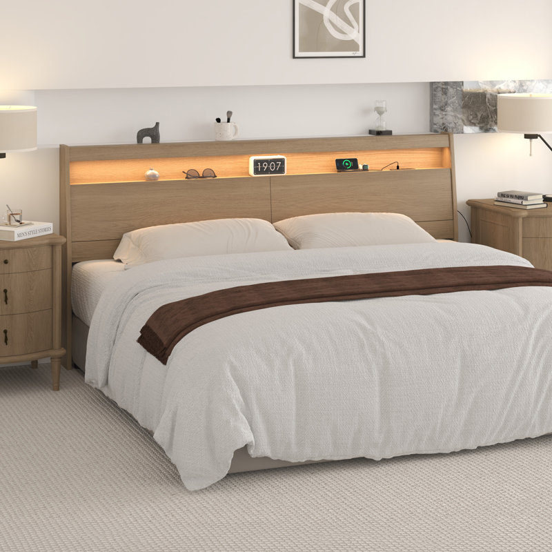 Queen Size Headboard with LED Lights, Storage Compartment & Built-in Charging Station, Wood Grain Modern Headboard Only for Bed with RGB Ambient Light, Remote & App Control