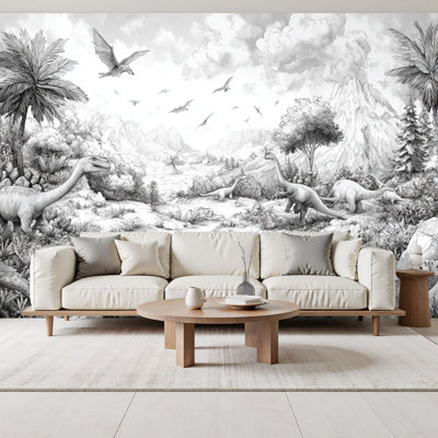 Dinosaur Peel and Stick Wallpaper Dinosaurs Hand Drawn Landscape Whimsical Kids Grey White Brachiosaurus Wall Murals 69"H x 96"W Removable PVC Wall Paper Self-Adhesive Wall Decor for Bedroom Living Room Home Office