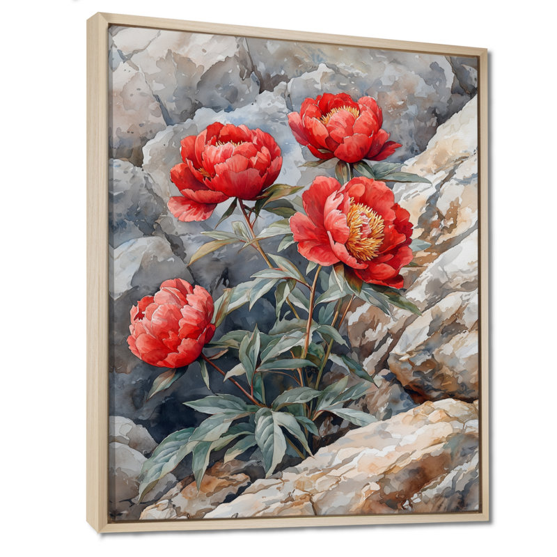 Pivoines par l'affleurement rocheux III - Pivoines, reproductions encadrées, Reproduction avec cadre flottant, Crème, crème