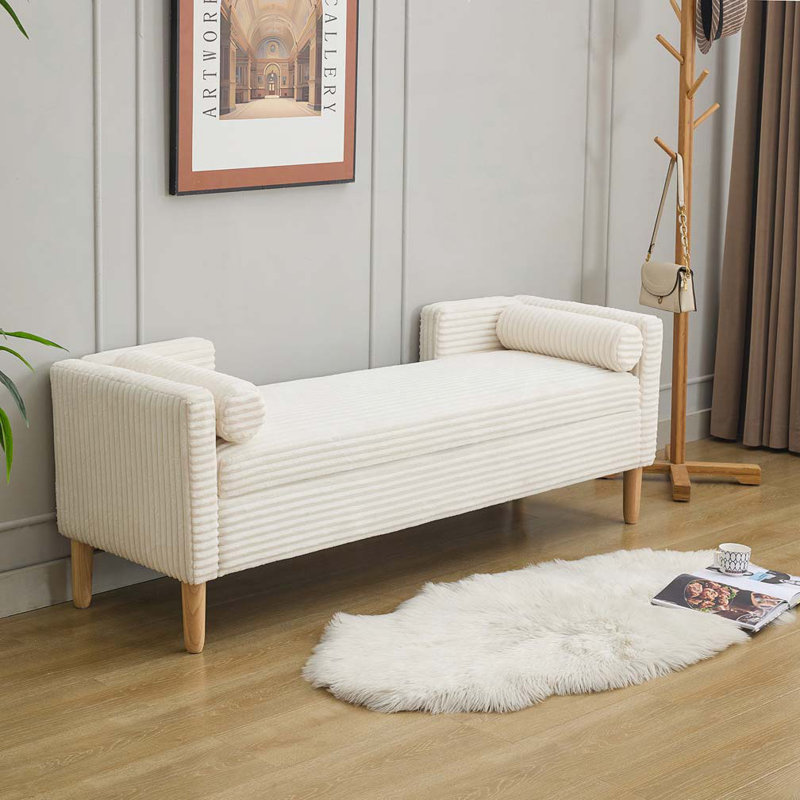 65.35"Wide Corduroy Storage Soft Bench with Armrests, Backrest, Ivory