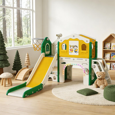 9-In-1 Toddler Slide Playset With Lights, Indoor & Outdoor Kids Playground, Hdpe Baby Slide With Basketball Hoop, Drawing Board & Tunnel For Ages 1–3