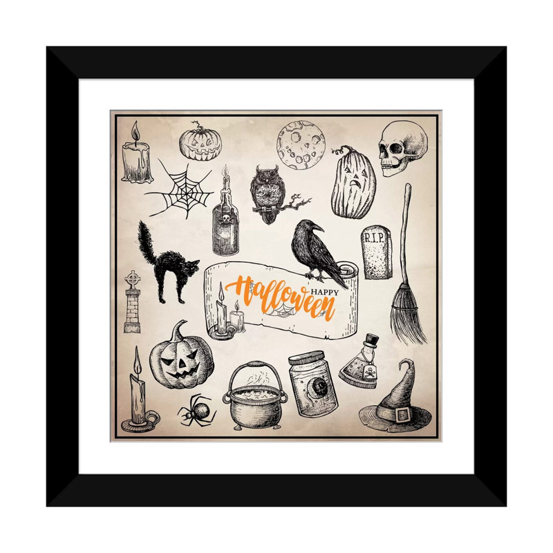 Trove d’halloween, impression sur toile tendue, H 16 po x l 16 po x P 1 po, Papier d'art encadré noir, Blanc