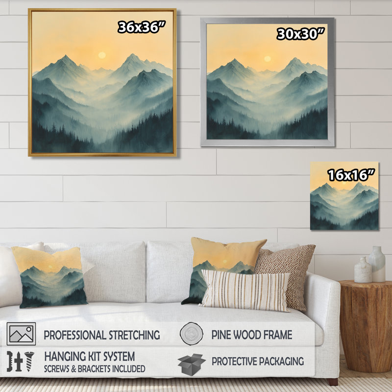 Misty Mountain Sunrise II - Art mural de montagnes pour le salon, Impression encadrée flottante, Noir, noir, noir, noir