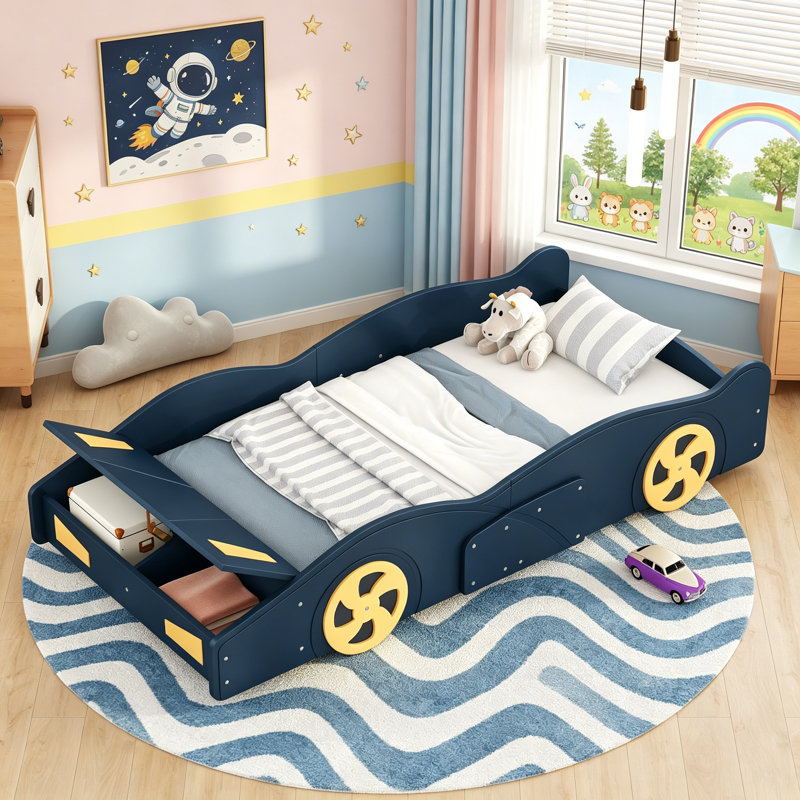 Lit plateforme simple en forme de voiture de course avec roues et rangement, bleu foncé et jaune, durable et élégant