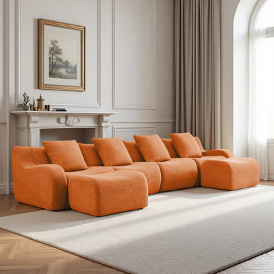 148“ U-Shaped Soft Teddy Fabric Boneless Sofa, Assembly Chaise,No Assembly Required Curved Armrest,Anti-Slip Design 32D High Density Sponge Streamlined Design,Fits Living Rooms Reading Nook